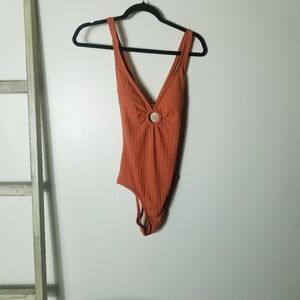 KONA SOL ONE PIECE RIBBED RING ORANGE SWIMSUIT SIZE SMALL